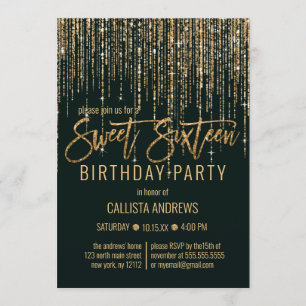 Forest Green Gold Glitzer Fringe Vorhang Sweet 16 Einladung