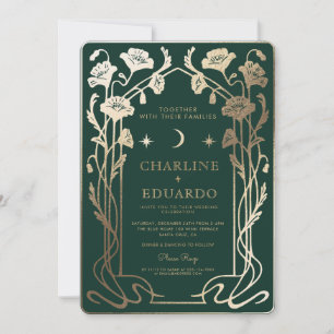 Forest Green & Gold Jugendstil Foto Hochzeit Einladung