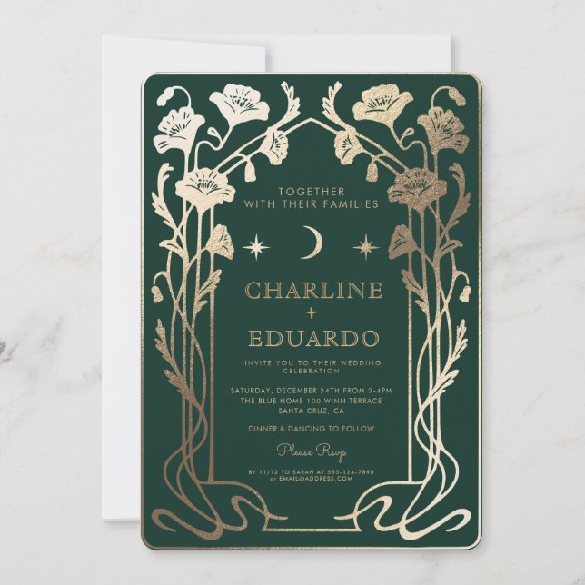 Forest Green & Gold Jugendstil Foto Hochzeit Einladung (Vorderseite)