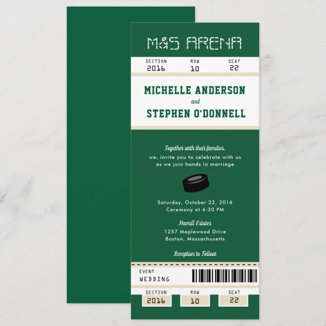 Forest Green Hockey Ticket Hochzeit Einladung (Vorne/Hinten)
