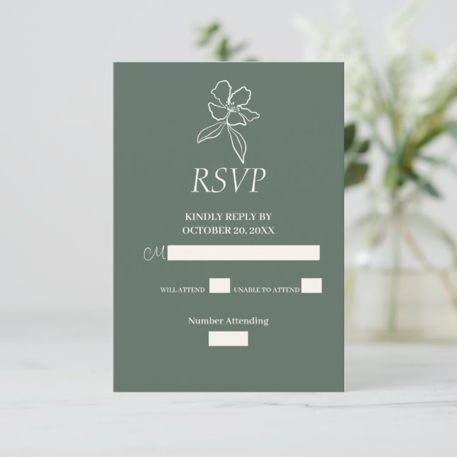 Forest Green Minimal Blumenhochzeit RSVP Karte (Stehend Vorderseite)
