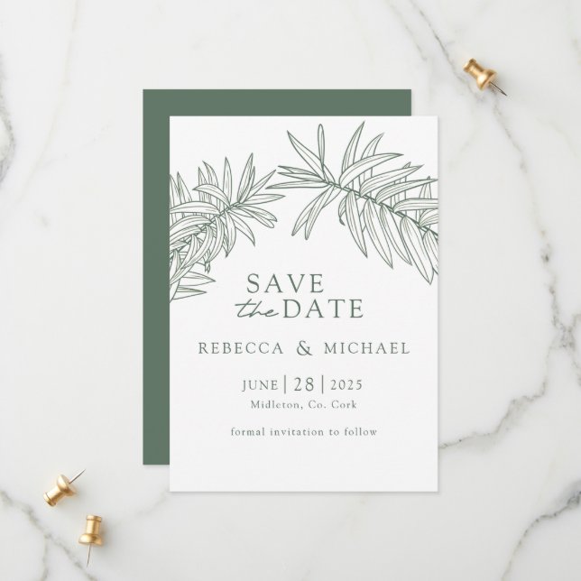 Forest Green Minimalistisch botanisch Save The Date (Vorderseite/Rückseite Beispiel)