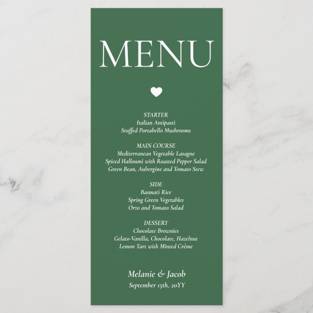 Forest Green Minimalistisch Wedding Menu Flat Card Menükarte (Vorderseite)
