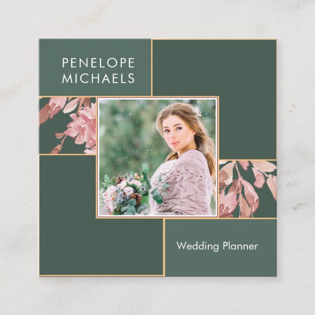 Forest Green mit Blush-Blätter Raster mit Foto Quadratische Visitenkarte (Vorderseite)