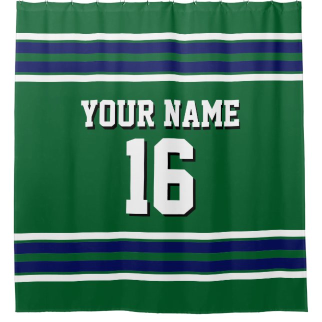 Forest Green mit Navy White Stripes Sports Jersey Duschvorhang (Vorderseite)