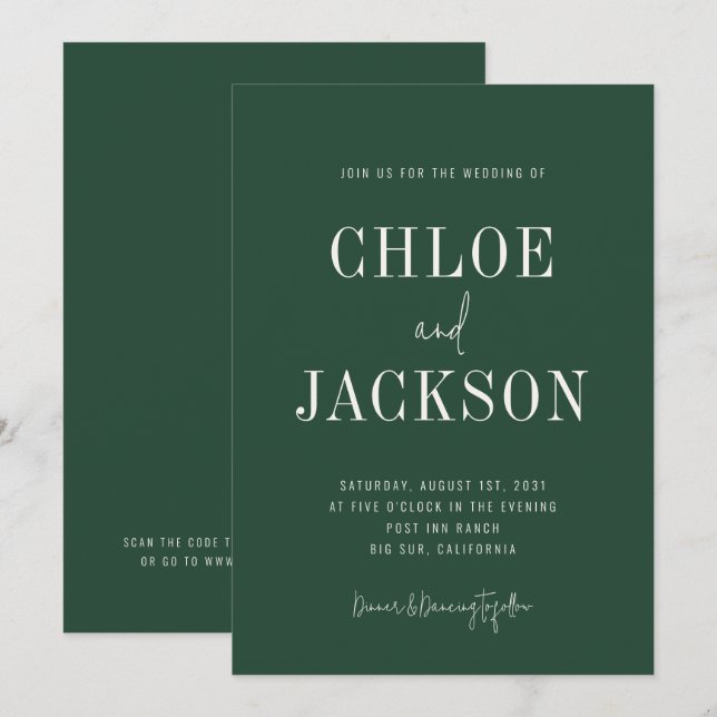 Forest Green Modern Bold Custom QR Code Wedding Einladung (Vorne/Hinten)