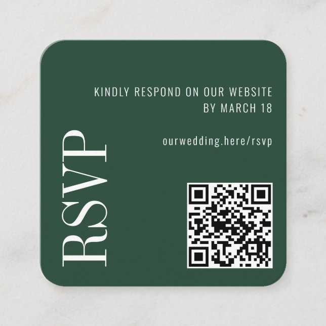 Forest Green Modern Custom QR Code Wedding RSVP Begleitkarte (Vorderseite)