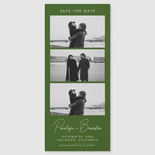 Forest Green Modern Foto Strip Magnetic Wedding Magnetkarte (Vorderseite)