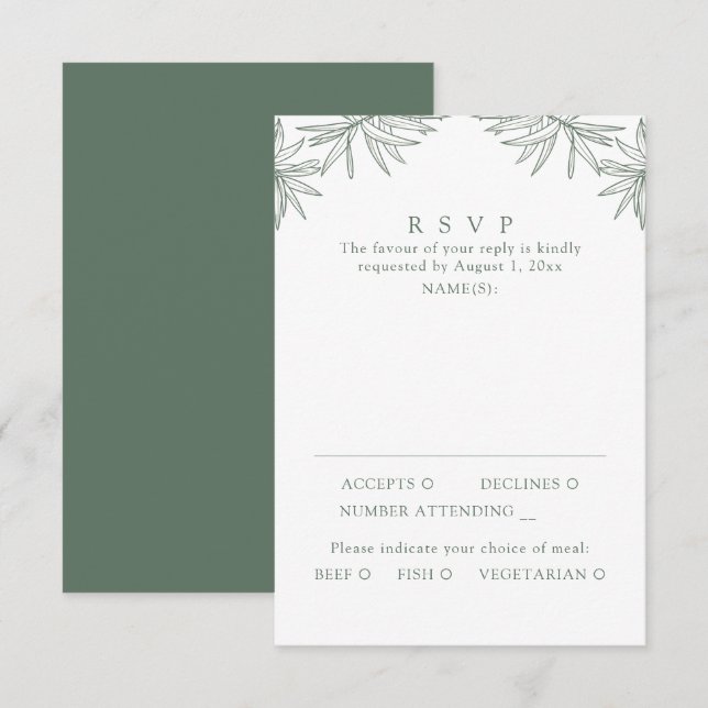 Forest Green Moderne minimale botanische Mahlzeit RSVP Karte (Vorne/Hinten)