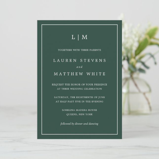 Forest Green Monogram Simple Wedding Einladung (Stehend Vorderseite)