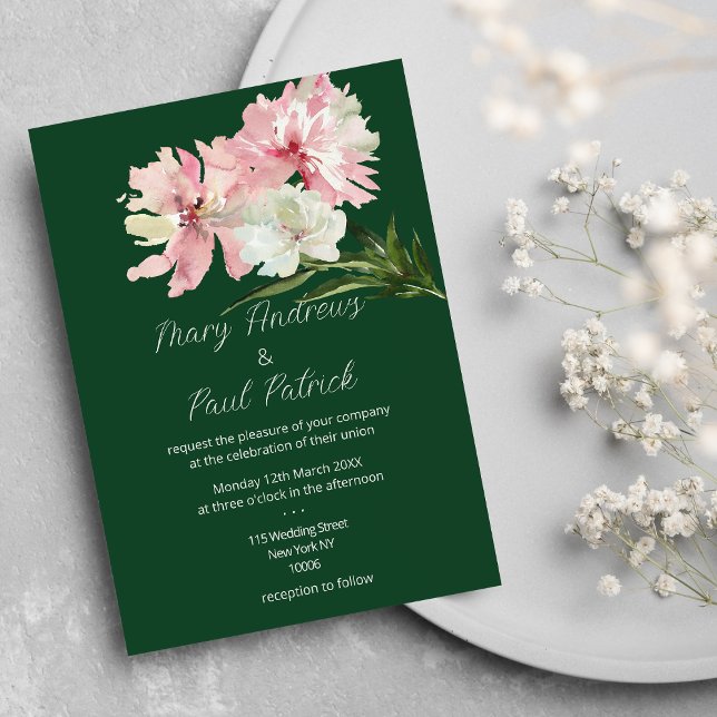 Forest green pink white floral peony Hochzeit Einladung (Forest green pink white floral peony Wedding )