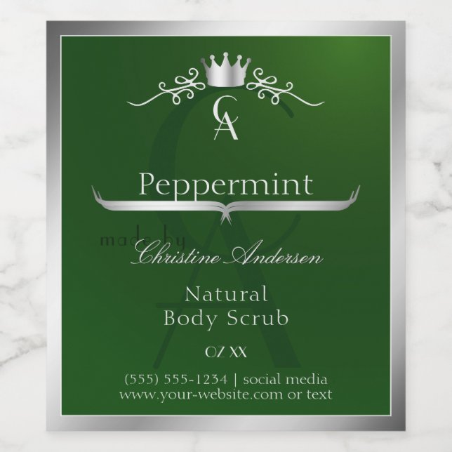 Forest Green Product Label Silver Frame Monogram Weinetikett (Einzelnes Label)