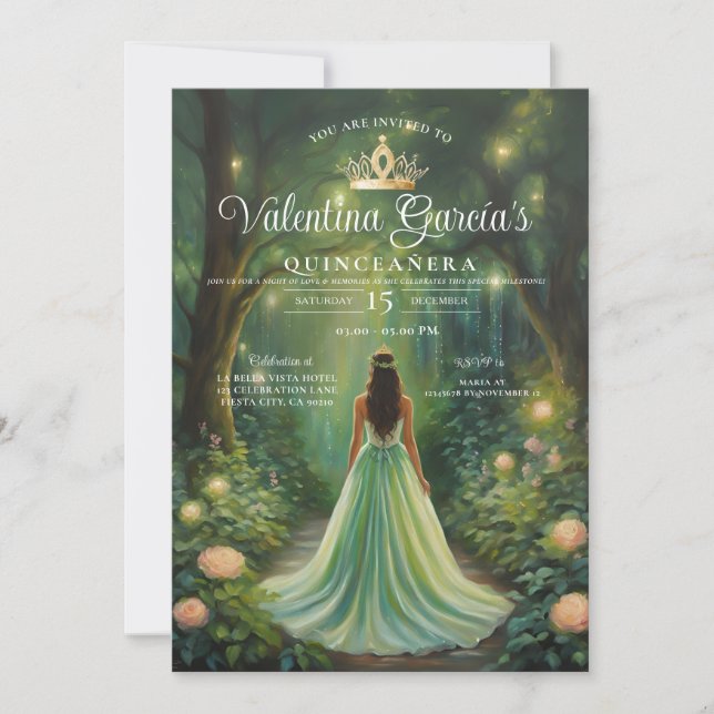 Forest Green Quinceañera 15 Anos Gold Crown Einladung (Vorderseite)