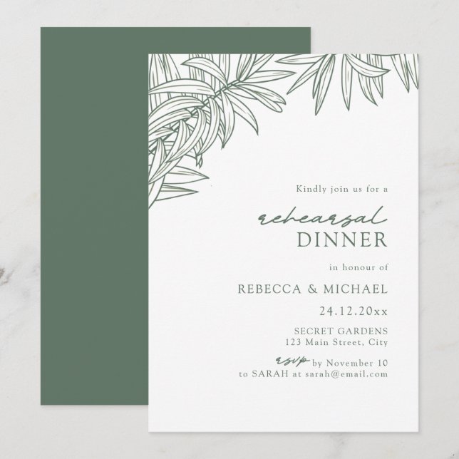 Forest Green Simple Botanic Probe Dinner Einladung (Vorne/Hinten)