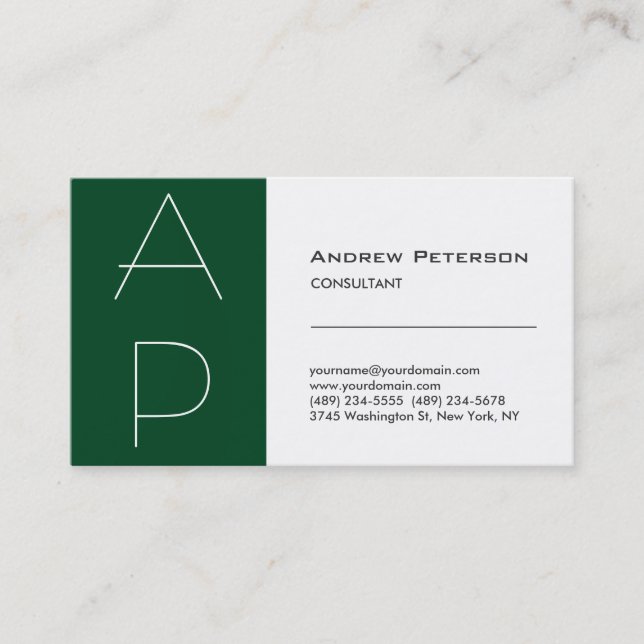 Forest Green Strip Monogram White Business Card Visitenkarte (Vorderseite)