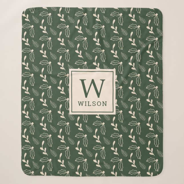 Forest Green und Beige Monogram Name Christmas Sherpadecke (Vorderseite)