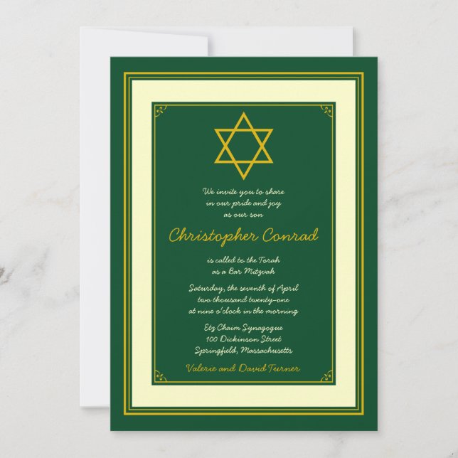 Forest Green und Gold Bar Mitzvah Einladung (Vorderseite)