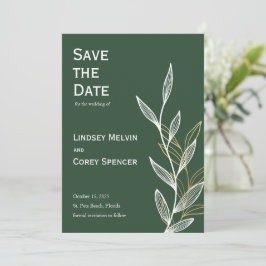 Forest Green und Gold Leaf Hochzeit speichern das Einladung