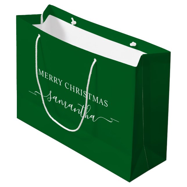 Forest Green und White Frohe Weihnachtslieder Name Große Geschenktüte (Vorderseite Schrägansicht)