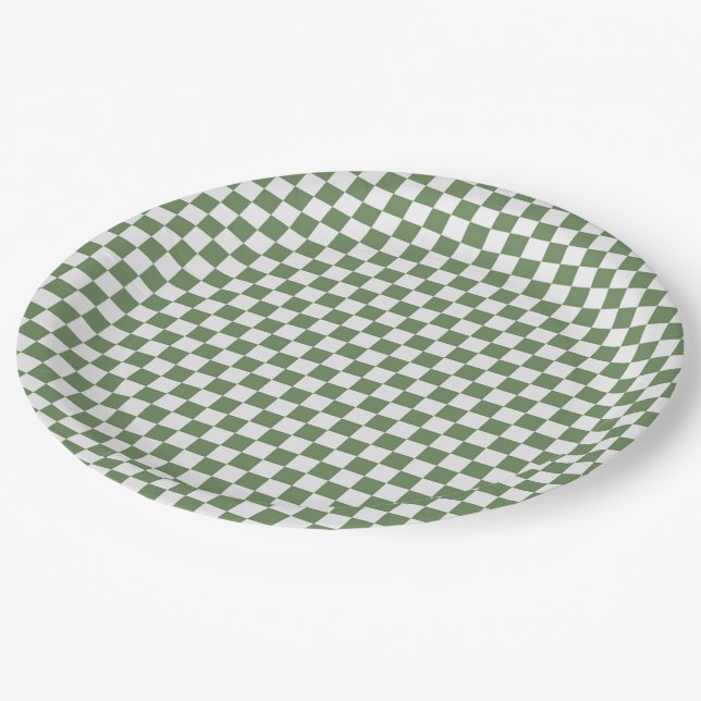 Forest Green und White Gingham Checkered Pappteller (Schrägansicht)