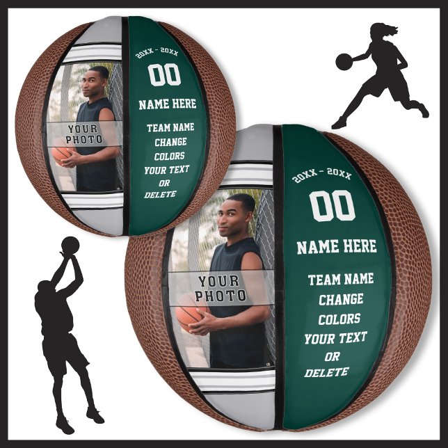 Forest Green, White, Grau Mini Basketball Ball (Personalised mini basketball. Senior night basketball gifts. Custom, Photo Basketball. Custom Mini.)
