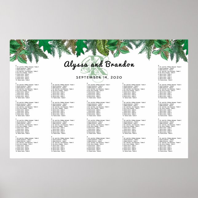 Forest Greenery Mit Monogramm Seating Chart Poster (Vorne)