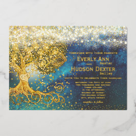Forest Grove Fairy Lights Blue & Gold Hochzeit Folieneinladung