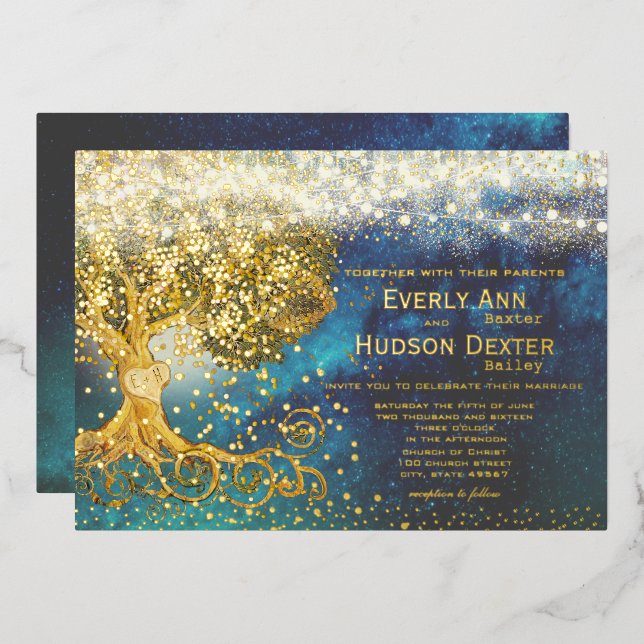 Forest Grove Fairy Lights Blue & Gold Hochzeit Folieneinladung (Vorderseite/Rückseite)