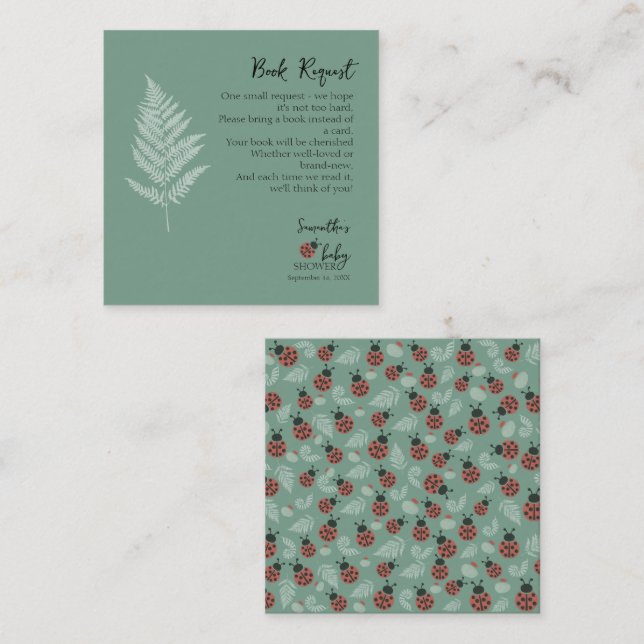 Forest Ladybugs Green Baby Dusche Buchanfrage Begleitkarte (Vorne/Hinten)