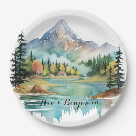 Forest Lakeside Colorful Mountain Wedge Pappteller