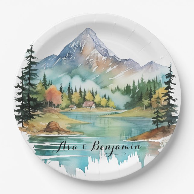 Forest Lakeside Colorful Mountain Wedge Pappteller (Vorderseite)