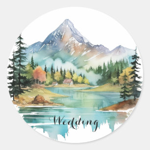 Forest Lakeside Colorful Mountain Wedge Runder Aufkleber