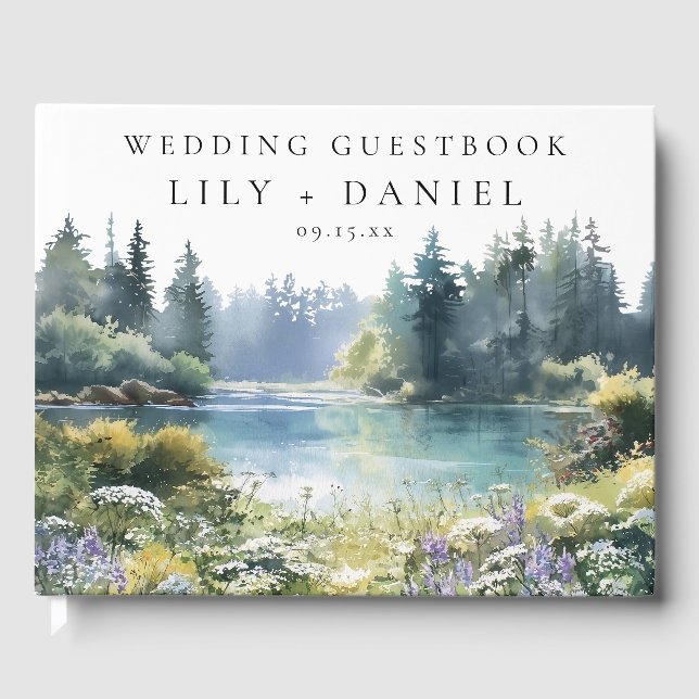 Forest Lakeside Wildflowers Floral Wedding Gästebuch (Vorderseite)