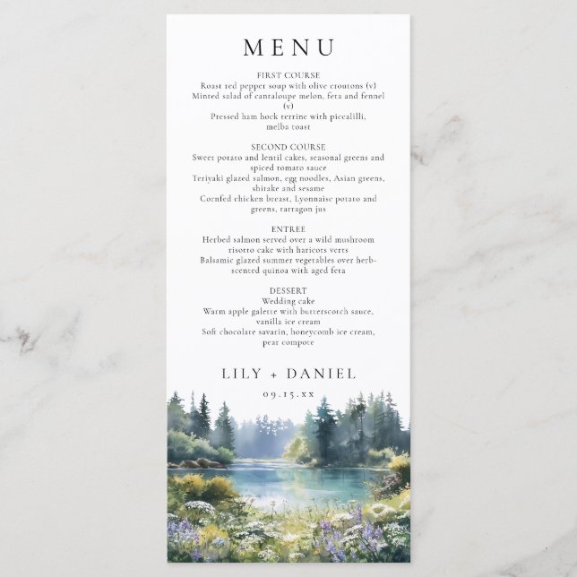 Forest Lakeside Wildflowers Floral Wedding Menükarte (Vorderseite)