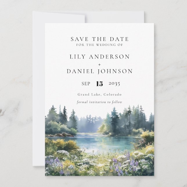 Forest Lakeside Wildflowers Floral Wedding Save The Date (Vorderseite)