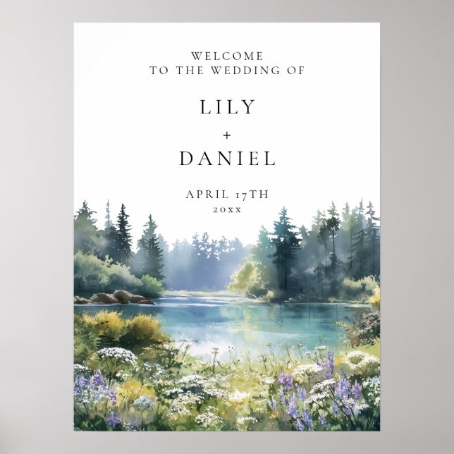 Forest Lakeside Wildflowers Wedding Welcome Sign Poster (Vorne)