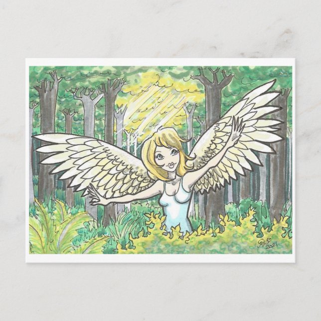 Forest Light Angel Fairy Woods Fantasy Art Print Postkarte (Vorderseite)