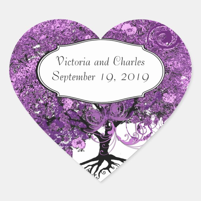 Forest Lila Heart Leaf Tree Wedding Herz-Aufkleber (Vorderseite)