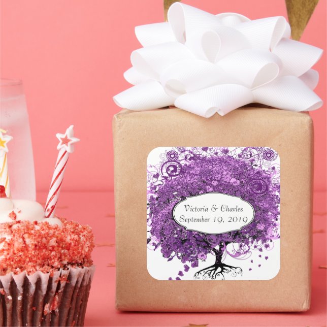 Forest Lila Heart Leaf Tree Wedding Quadratischer Aufkleber (Party)