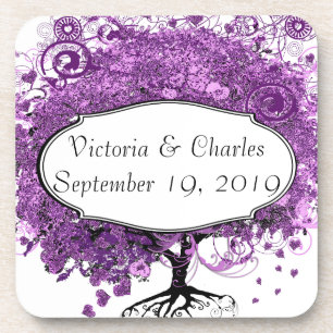 Forest Lila Heart Leaf Tree Wedding Untersetzer