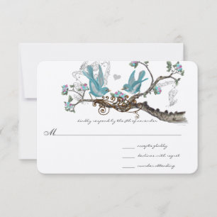 Forest Love Birds Aqua Pink Wedding RSVP