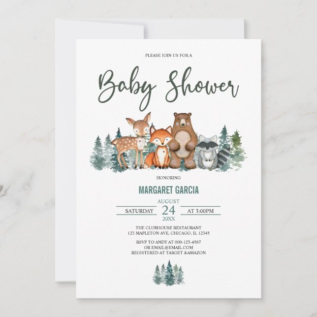 Forest Mountain Greenery Woodland Babydusche Einladung (Vorderseite)
