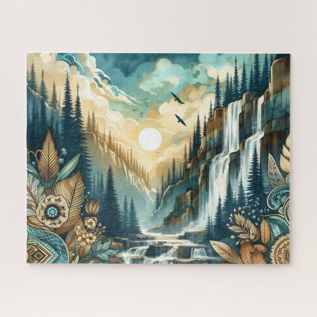 Forest Mountain Waterfall Boho Nature Muster (Horizontal)
