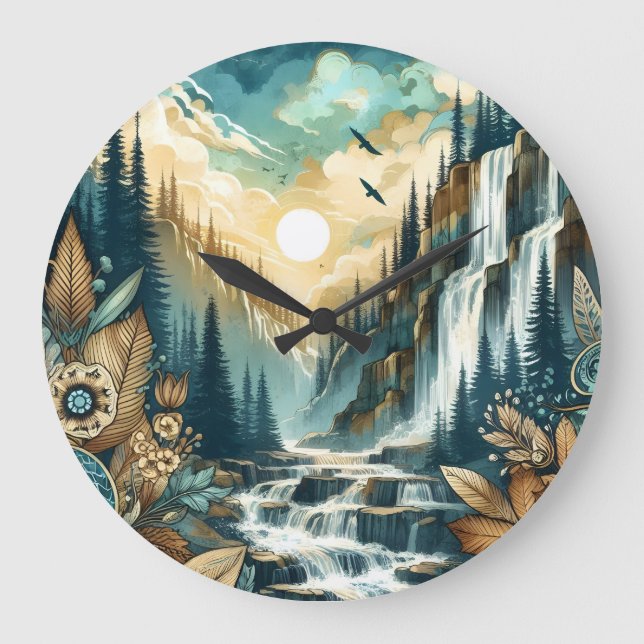 Forest Mountain Waterfall Boho Nature Muster Große Wanduhr (Vorderseite)
