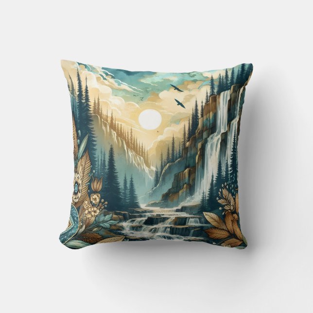 Forest Mountain Waterfall Boho Nature Muster Kissen (Vorderseite)
