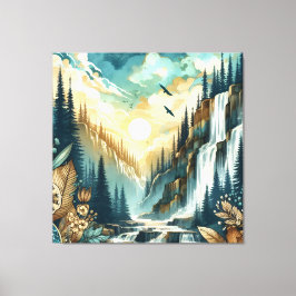 Forest Mountain Waterfall Boho Nature Muster Leinwanddruck