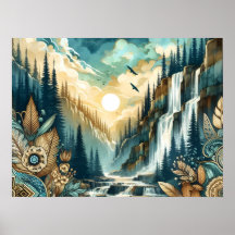 Forest Mountain Waterfall Boho Nature Muster