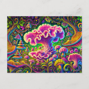 forest of magical mushrooms, glowing with vibrant  postkarte