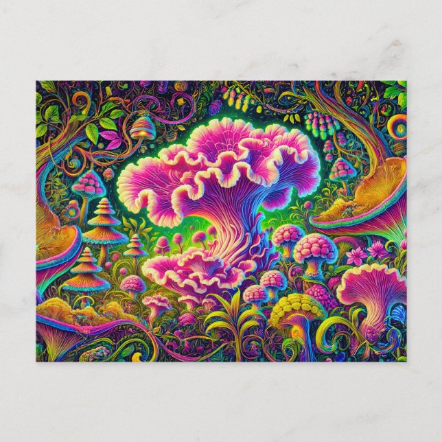 forest of magical mushrooms, glowing with vibrant  postkarte (Vorderseite)