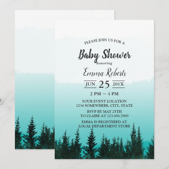 Forest Pine Trees Elegantes Watercolor Kinderdusch Einladung (Vorne/Hinten)